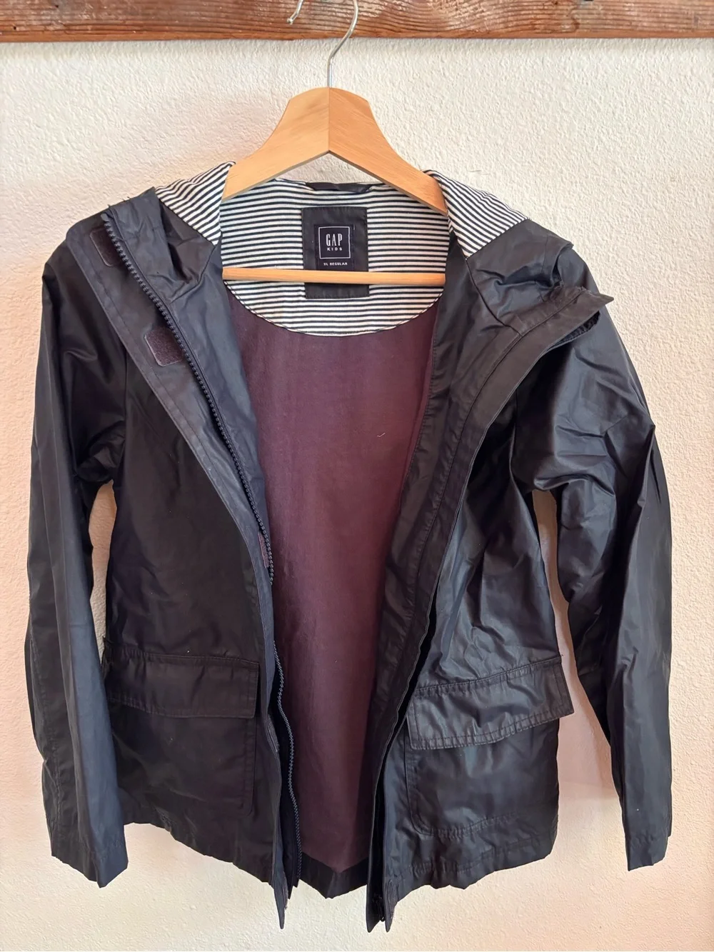 GAP Kid XL Black Hooded Utility Jacket with Striped Lining
